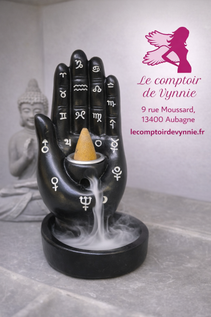 Fontaine à encens astrologique main sacrée noire