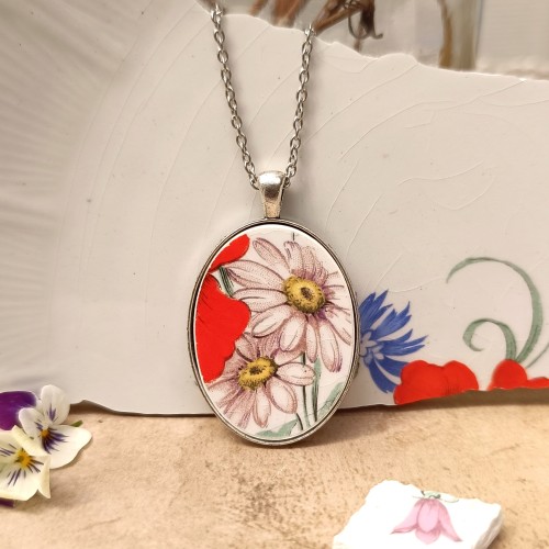 Collier Marguerites en faïence ancienne L'Amandinoise – Pendentif ovale argent