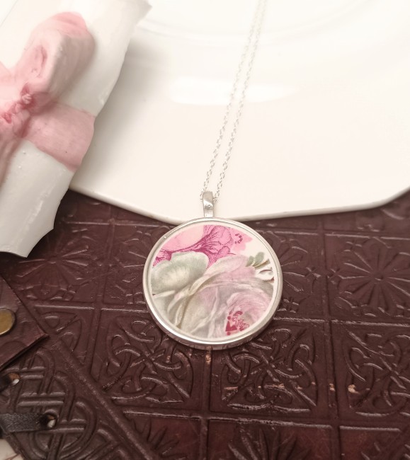collier victoria rose - pendentif en argent et faïence