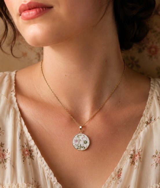 Collier réalisé à partir d'une véritable porcelaine ancienne Trianon, montée sur un pendentif rond de 18 mm plaqué or 24 carats.