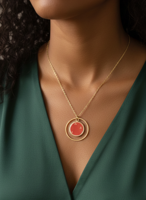 Collier Satsuma – Création artisanale française - porté sur modèle Collier en porcelaine japonaise Satsuma recyclée, création artisanale française. Un fragment de patrimoine transformé en bijou.