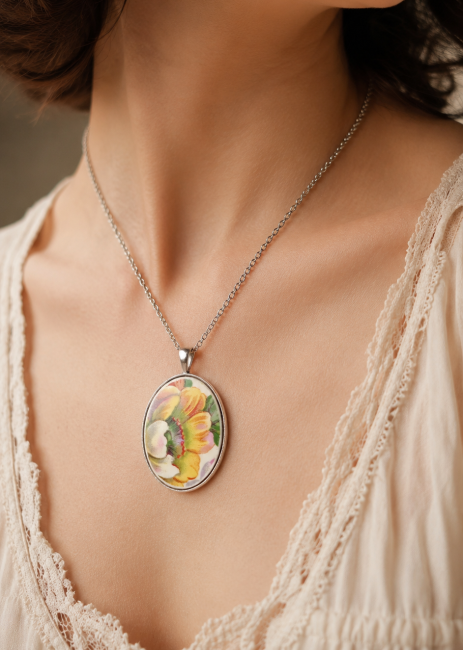 Collier Samba réalisé à partir d'une assiette en faïence de Saint-Amand, pendentif ovale au motif floral estival.