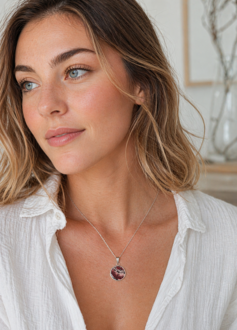 Pendentif rond 18 mm porté en porcelaine anglaise avec support plaqué argent.