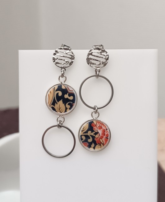 Boucles d'oreilles argent asymetriques Imari - porcelaine ancienne recyclee