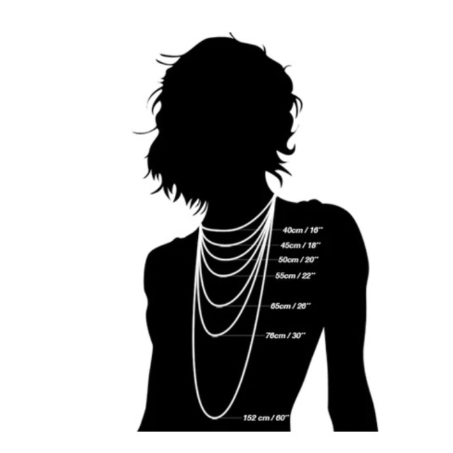 Schéma longueurs de chaînes – collier À la Volette Schéma explicatif des longueurs de chaînes ajustables pour le sautoir À la Volette, fabrication artisanale française.