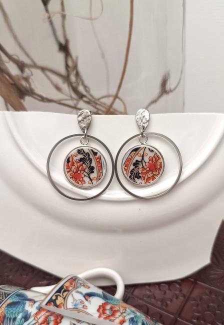 Boucles d'oreilles IMARI – Porcelaine japonaise ancienne – Création artisanale française - motif floral