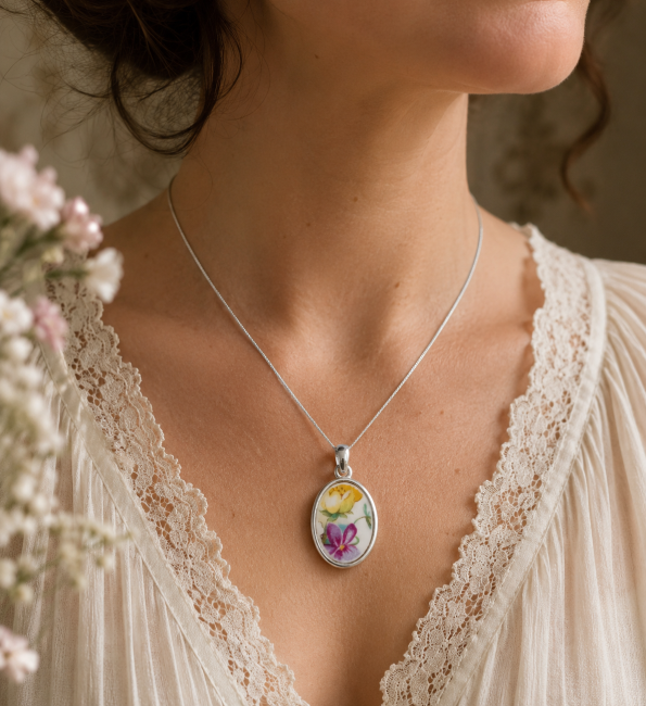 Collier POÉSIE présenté dans sa boîte cadeau en kraft recyclé, bijou artisanal français en porcelaine ancienne upcyclée, prêt à offrir