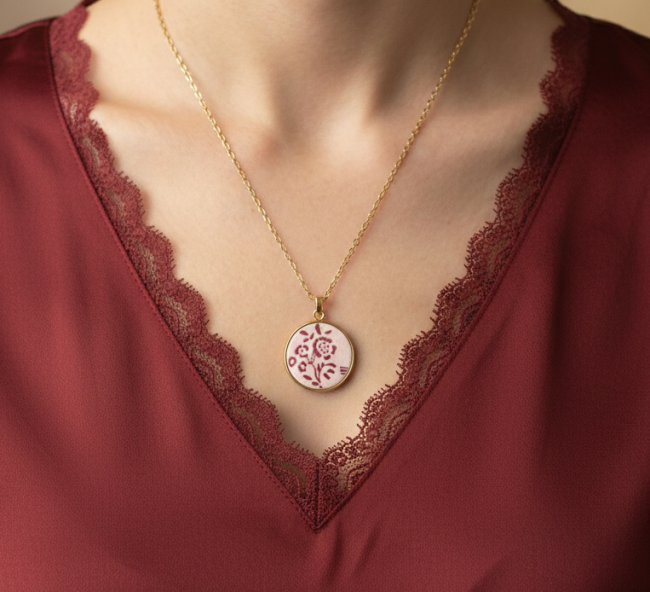 Collier SIROPI porté, pendentif en porcelaine anglaise Johnson Bros motif Coaching, création artisanale française, bijou unique et responsable.