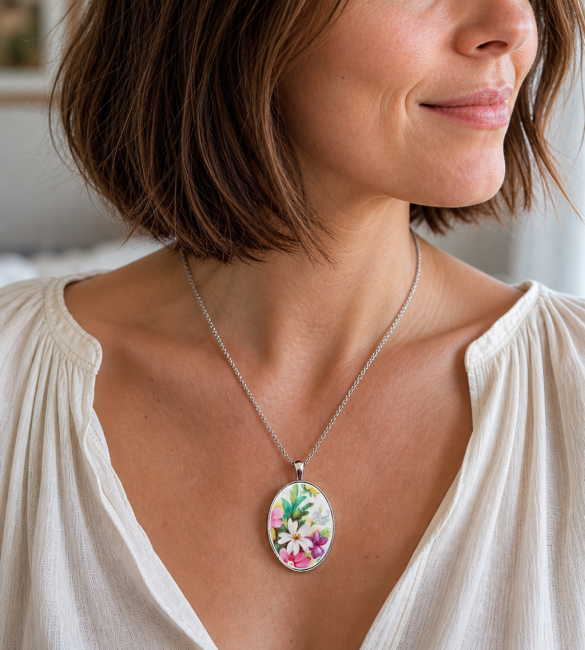 Collier POÉSIE porté, bijou en porcelaine ancienne aux roses jaunes, élégant et lumineux.