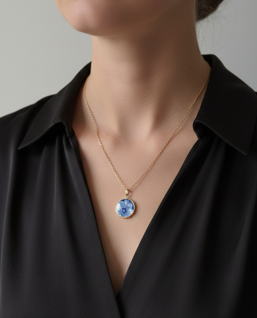 Pendentif unique en porcelaine ancienne, monture plaquée argent, fabrication artisanale française. Un bijou poétique issu du patrimoine local.