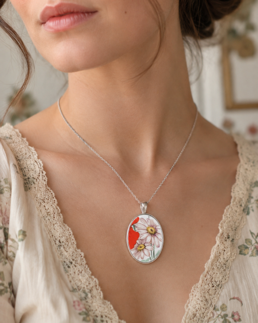 Collier Marguerites porté sur une chaîne de 50 cm afin d'apprécier son élégance, son tombé et sa légèreté.