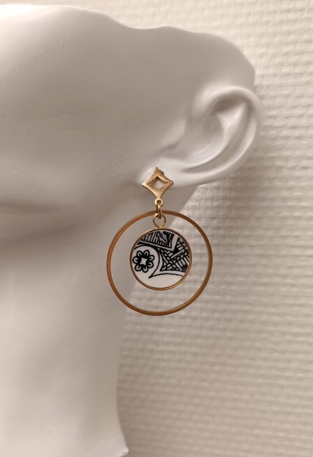 Boucles-portées-anneaux-Sonate–Bijou-faïence-ancienne-cadeau-de-Noël-artisanal Sonate – Boucles portées en faïence de Gien, bijou artisanal français, design graphique noir et blanc avec touches florales.