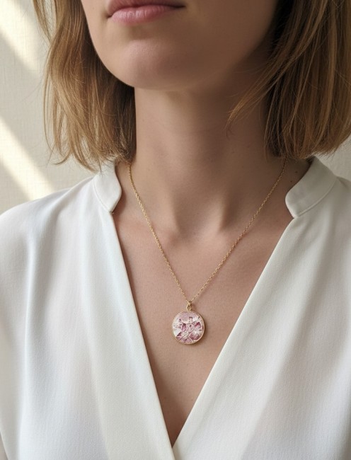 Bijou en porcelaine anglaise ancienne porté. Un collier romantique et durable, parfait pour les noces de porcelaine.