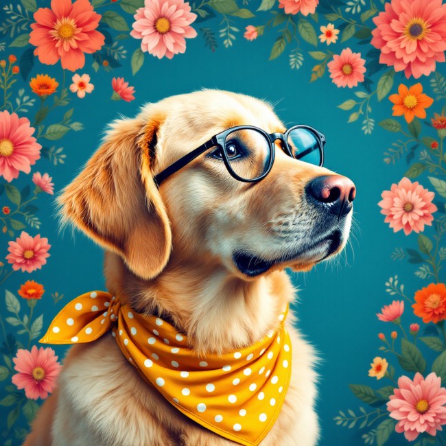 CARRE 20X20 GOLDEN RETRIEVER BANDANA JAUNE DE 3/4 - cretonne 100%...