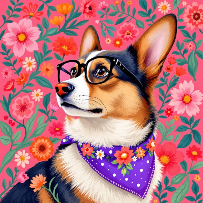 CARRE 20X20 CORGI BANDANA VIOLET - cretonne 100% coton (156 gr)