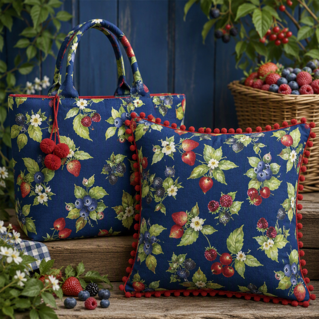 fruits patchwork picnic navy scene