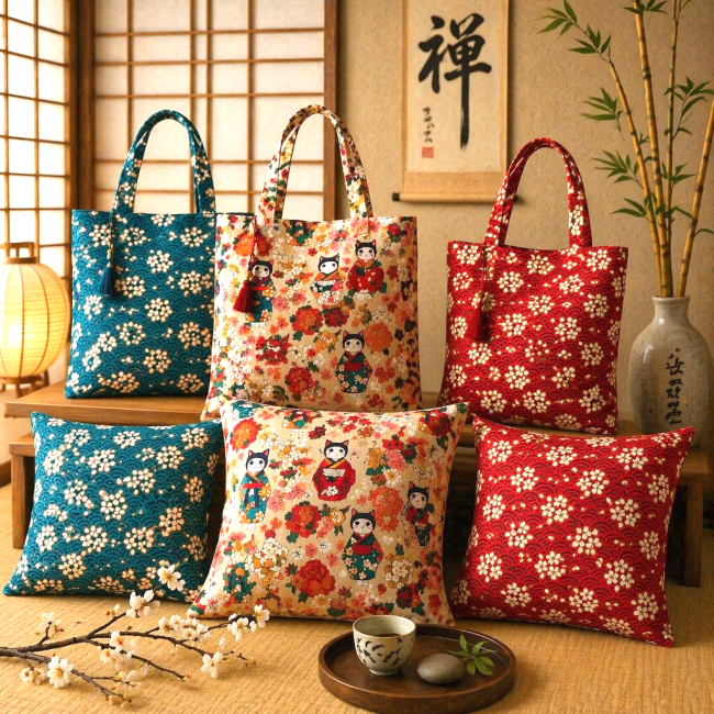 kimono et washi tote bag et coussins