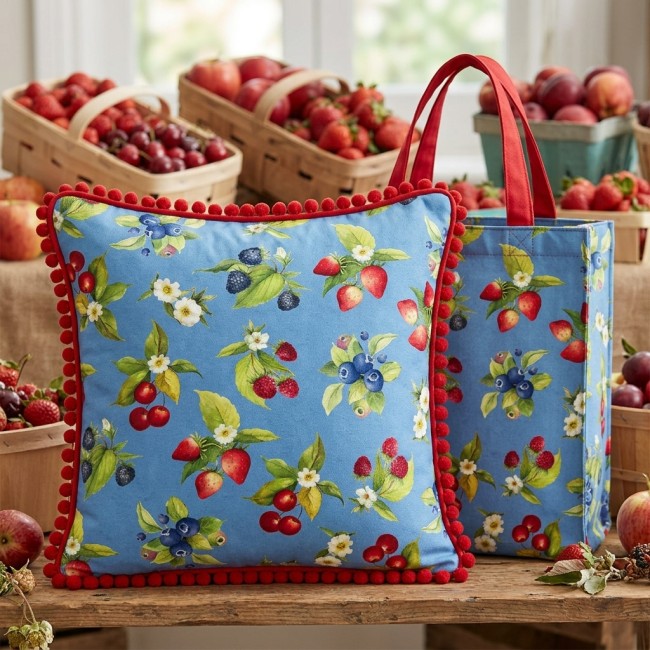 fruits patchwork picnic blue scene