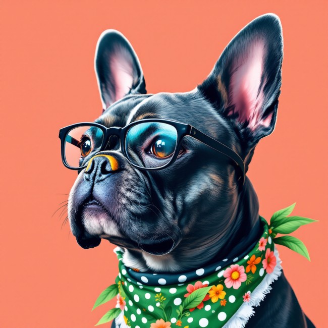 CARRE 20X20 BOULEDOGUE BANDANA VERT FOND CORAIL - cretonne 100% coton...