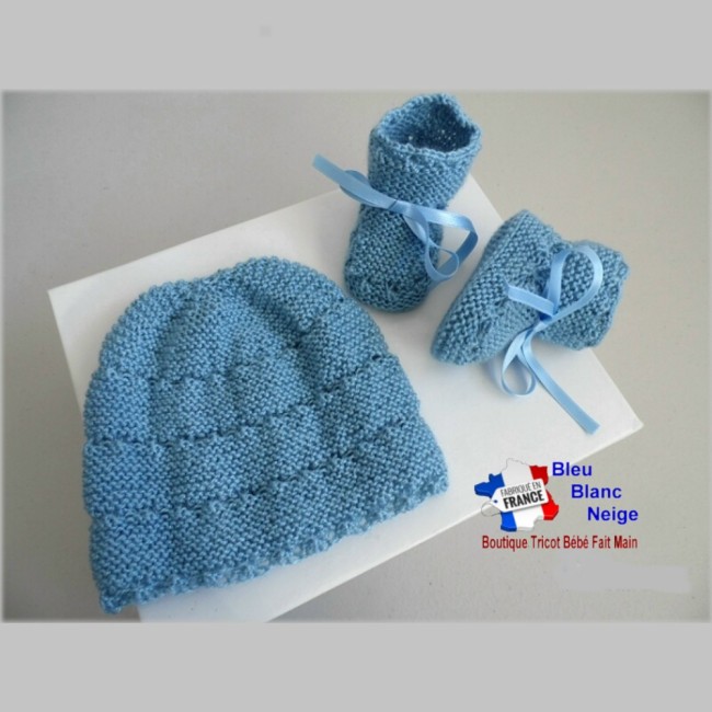 Bonnet chaussons bébé tricotés main 