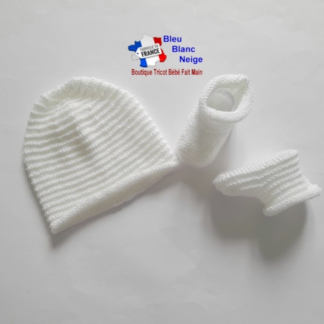 Ensemble tricot bébé 1 mois - MIXTE - laine certifiée OEKO-TEX - tricoté main - cadeau de naissance - bonnet chaussons Layette tricot bébé ensemble cadeau de naissance