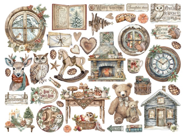 The Owl's House Stamperia – éléments vintage chalet, cheminée, fenêtres, animaux, jouets, livres (DFLDC119)