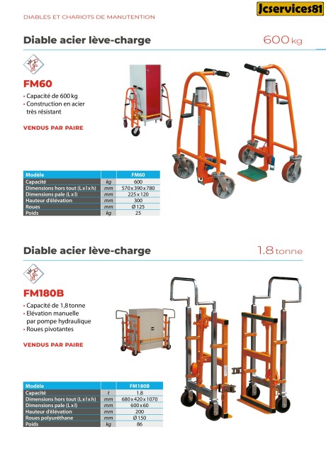 DIABLE JUMELÉ LÈVE CHARGE DE 600KG A 1800KG