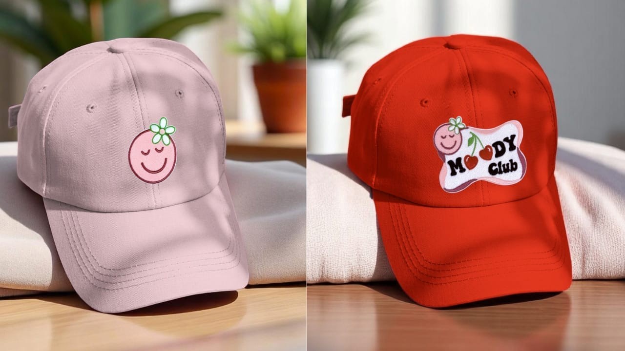 Patch brodé Moody Club avec emoji souriant et cerises, appliqué sur deux casquettes colorées – idée de customisation rétro et tendance.
