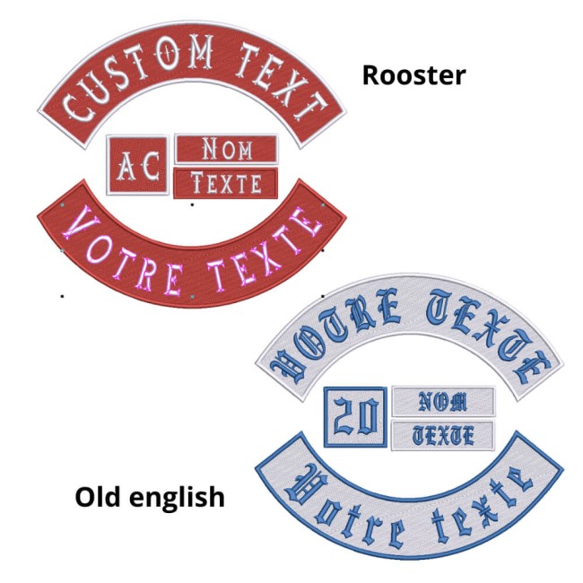 Bannières brodées dans les polices biker rooster et old english