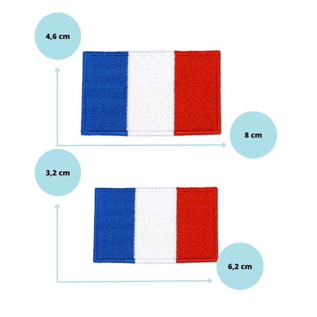 Visuel comparatif des deux tailles de patchs rectangle bleu blanc rouge avec mesures précises
