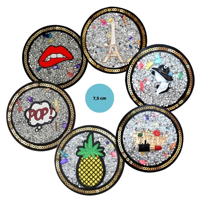Ecussons thermocollants en strass et sequin : Tout Eiffel, bouche, femme au chapeau, ananas, pop, rouge à lèves Motifs thermocollants en strass et sequin mesurant 7,5 cm