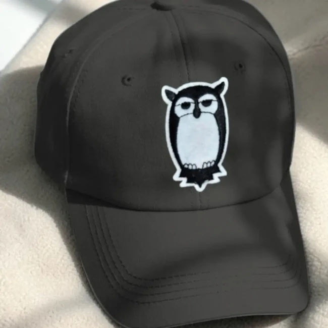 Patch hibou blasé posé sur une casquette noire