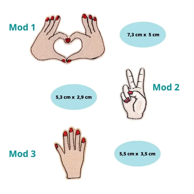 Tailles des modèles mains coeur peace et ongles rouges Dimensions des trois patchs brodés mains
