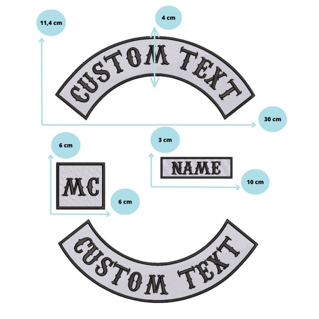 Patch dorsal biker – dimensions détaillées Schéma technique du patch dorsal brodé, dimensions et formes indiquées