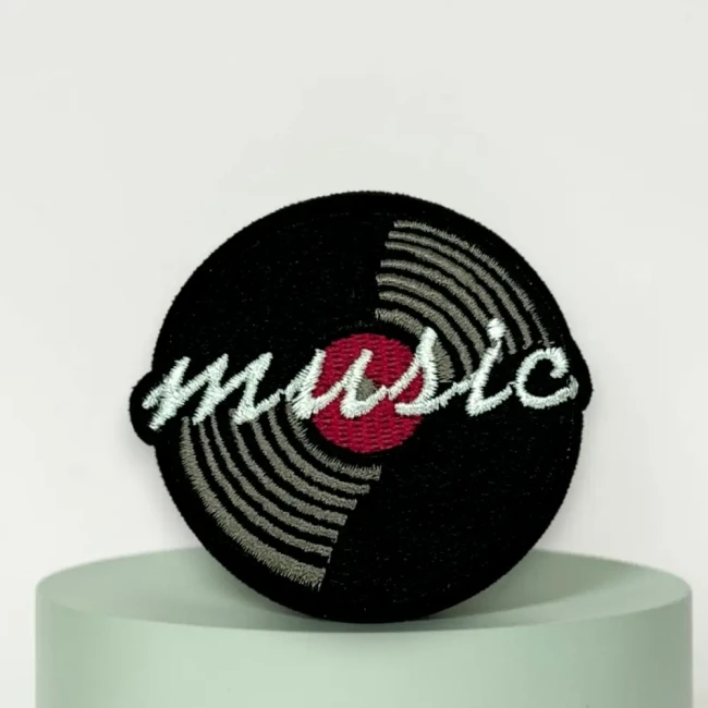 Écusson thermocollant disque vinyle Music 5,7 cm Patch brodé disque vinyle noir avec inscription Music