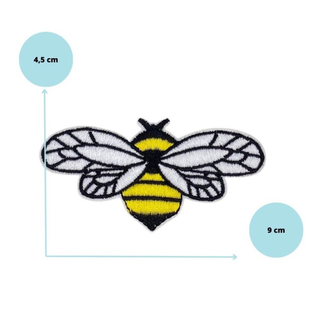 abeille jaune, blanche et noire mesurant 9 cm de long et ,5 cm de haut