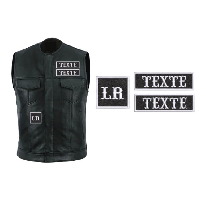 Patchs personnalisés pour gilet biker Patchs personnalisés pour l’avant d’un gilet biker avec deux rectangles brodés et un carré initiales