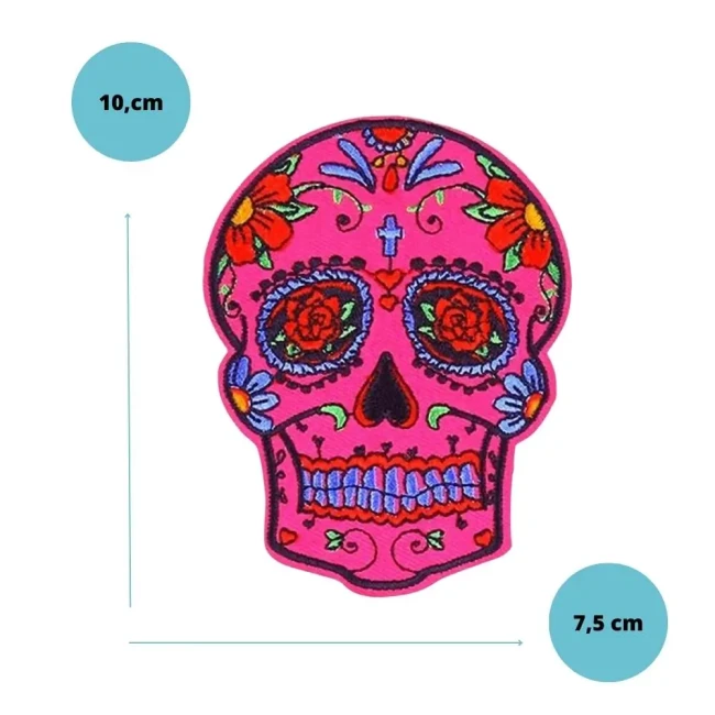 Écusson calavera rose modèle 2 Patch calavera rose modèle 2 avec roses brodées, 10 x 7,5 cm