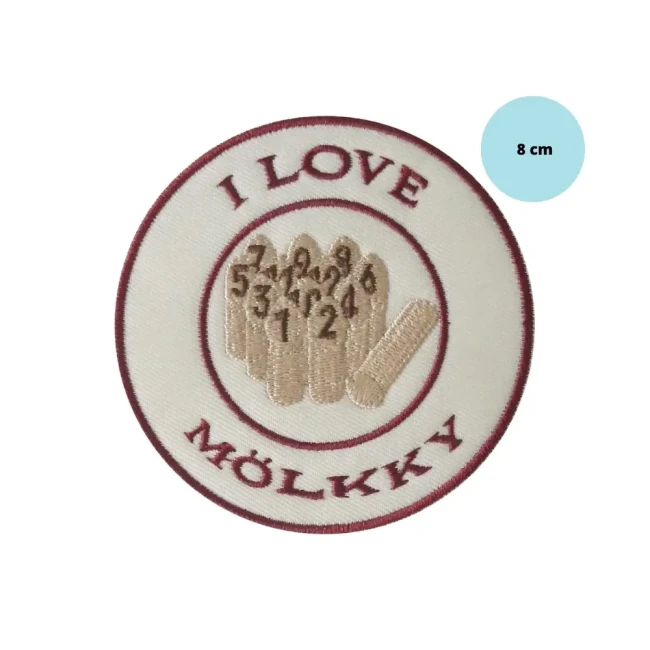 Patch thermocollant Molkky beige et marron avec quilles au centre Ecusson brodé thermocollant Molkky 8 cm