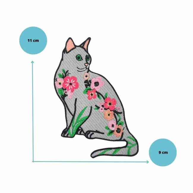 Écusson brodé chat aux fleurs – format 11 cm x 9 cm