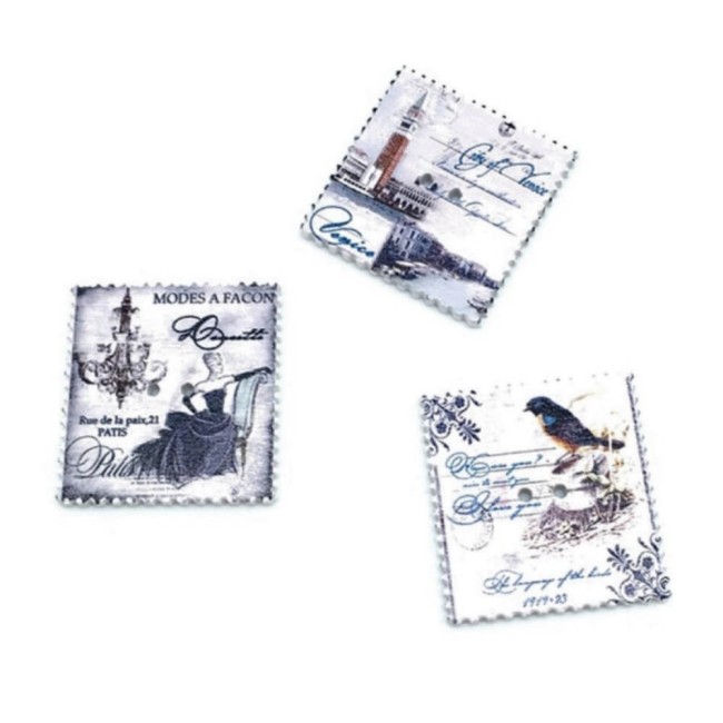 20 boutons timbres vintage en bois Tour Eiffel France - 3,3 cm