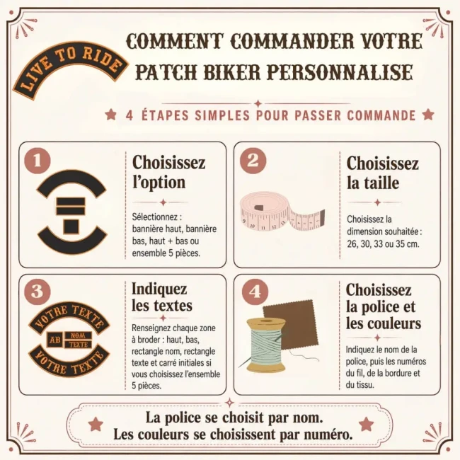 Guide en quatre étapes pour commander un patch biker personnalisé Mode d’emploi en français pour commander un patch biker personnalisé avec choix de l’option, de la taille, du texte, de la police et des couleurs