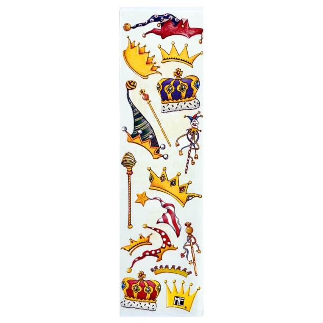 Stickers vintage couronnes Mary Engelbreit, planche mesurant 17,5 cm de haut x 5 cm de large avec 16 stickers