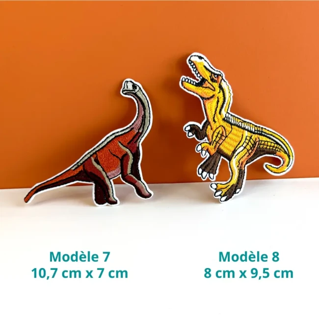 Patchs dinosaures brodés modèles 7 et 8, brachiosaure et vélociraptor