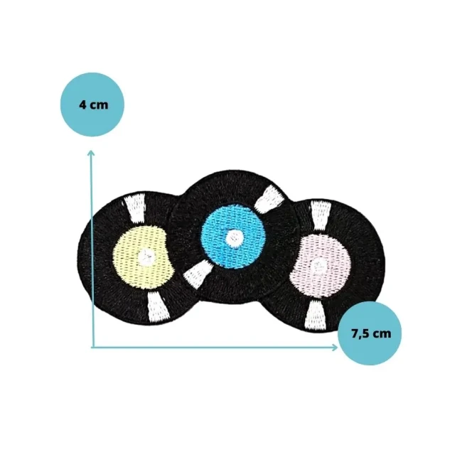Écusson brodé idéal pour cacher une tache avec style Dimensions patch disques vinyles 7,5 x 4 cm