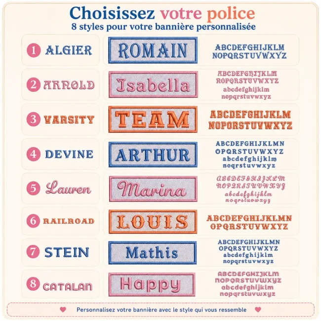 8 styles de polices disponibles pour patch prénom personnalisé