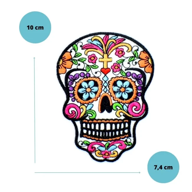 Écusson calavera blanc fleuri modèle 1 Patch calavera blanc modèle 1 décoré de fleurs multicolores, 10 x 7,4 cm