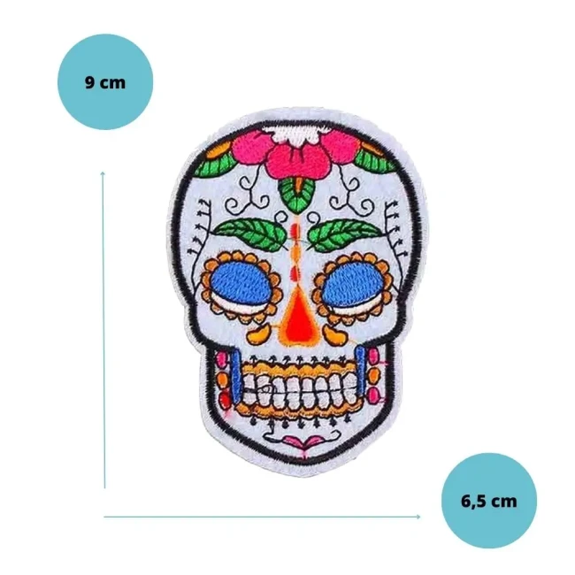Écusson calavera blanc modèle 7 Patch calavera blanc modèle 7 avec fleur rose, 9 x 6,5 cm