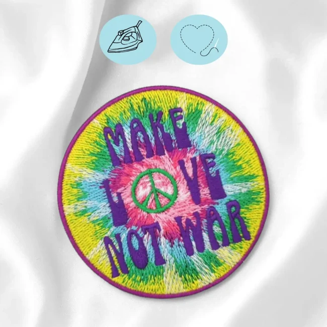 Patch brodé hippie à coudre ou à thermocoller Écusson Make Love Not War thermocollant sur tissu clair