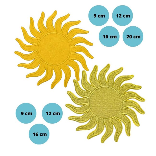 Tailles disponibles du patch soleil brodé Patch soleil thermocollant disponible en 9, 12, 16 ou 20 cm